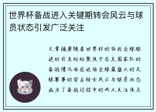 世界杯备战进入关键期转会风云与球员状态引发广泛关注
